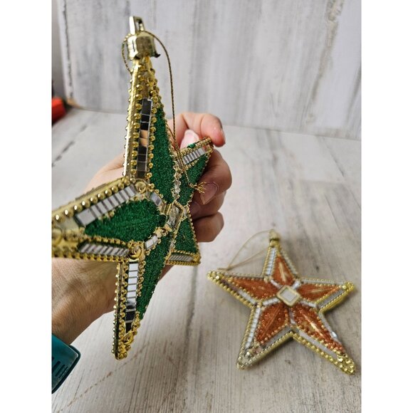 Vintage glitter star gold green orange plastic mirror ornament Xmas tree - Picture 5 of 8
